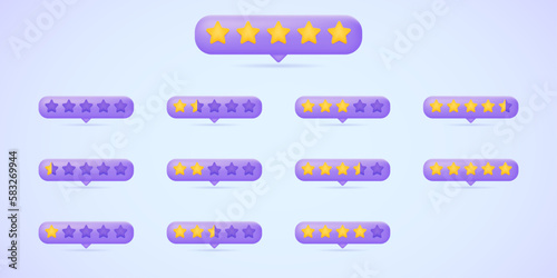 Feedback rating vector icon collection. Poor, low, fair, normal, good, excellent rate icons. 3d vector illustration set for web site, banner, landing page, print. Stars and speech bubble.