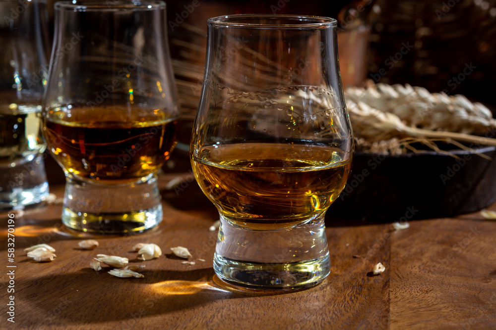 Small tasting glasses with aged Scotch whisky on old dark wooden vintage table with barley grains Small tasting glasses with aged Scotch whisky on old dark wooden vintage table with barley grains
