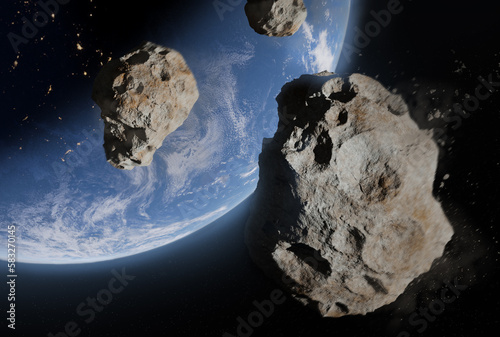 Blue Earth and asteroids in the space. View of planet Earth from space. Elements of this image furnished by NASA, 3d animation