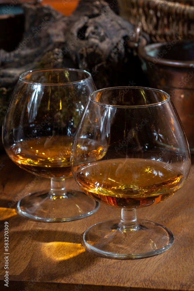 Tasting of aged french cognac brandy alcoholic drink in old cellars of cognac-producing regions Champagne or Bois, France Tasting of aged french cognac brandy alcoholic drink in old cellars of cognac-producing regions Champagne or Bois, France