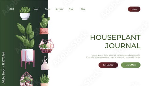 Landing page with collection of houseplants with water can. Indoor house plant. Home garden, greenhouse, florarium, gardening, potted plant lover. Domestic store poster, banner, cover, card. Vector