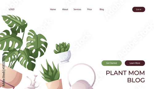 Landing page with collection of houseplants with water can. Indoor house plant. Home garden, greenhouse, florarium, gardening, potted plant lover. Domestic store poster, banner, cover, card. Vector