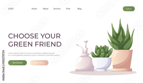 Landing page with collection of houseplants with water spray. Indoor house plant. Home garden, greenhouse, florarium, gardening, potted plant lover. Domestic store poster, banner, cover, card. Vector
