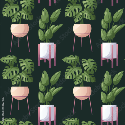 Seamless pattern with monstera houseplants with palm leaves in pot. Indoor house plant. Home garden, greenhouse, florarium, gardening, potted plant lover. Domestic store poster, banner, cover, card. 