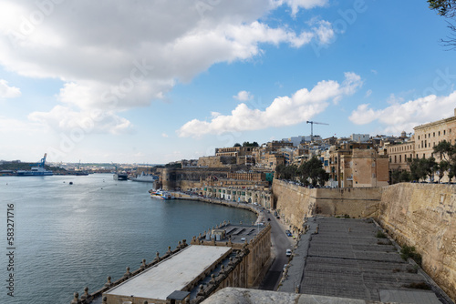 View on Valetta from Lower Barrakka Gardens. Calm weekend morning in Malta