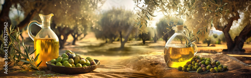golden olive oil bottles with olives leaves and fruits setup in the middle of rural olive field with morning sunshine as wide banner with copyspace area - Generative AI