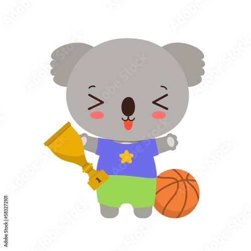 Cute koala yong athlete holding award sport cup. Cartoon koala cub ball player school child. Animal kawaii elementary student. PE school subject. Little champion sport trophy happy winner.