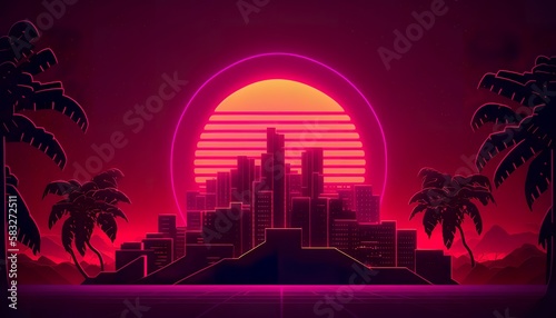 Synthwave retro cityscape . Creative illustration.  Ai Generate 