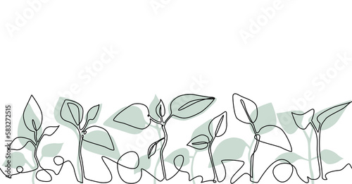 Growing Plants. Background with seedling.  Seamless Pattern with Green Sprouts. Vector illustration.