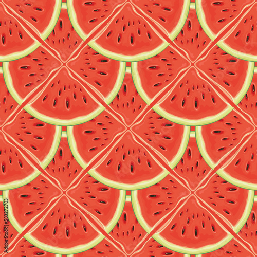 Fruit seamless pattern with an ornament of red sweet watermelon slices. Vector repeating background with ripe juicy watermelon quarters, suitable for Wallpaper, wrapping paper, fabric, summer design
