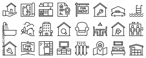 Line icons about real estate on transparent background with editable stroke.