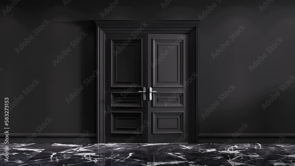 Black doors opening to the white background. Green chroma key included.