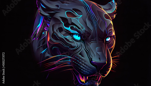 Black Panther with Glowing Blue Eyes on Dark Background