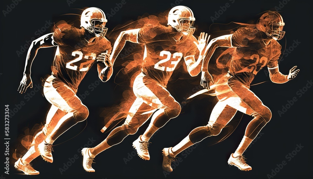 Three american football players running . Creative illustration. (Ai Generate)