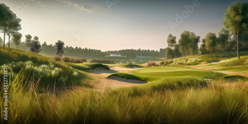 Golfplatz Internationale Golflandschaft Golfkurs im Fr  hjahr Abstrakte Illustration Wandbild Hintergrund Generative AI Digital Art Hintergrund