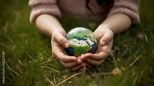 Earth Day Child Holding the Planet on Grass