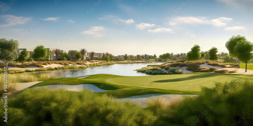 Golfplatz Internationale Golflandschaft Golfkurs im Frühjahr Abstrakte Illustration Wandbild Hintergrund Generative AI Digital Art Hintergrund