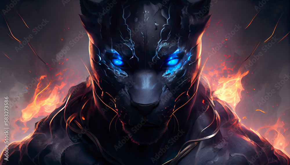 Black Panther with Glowing Blue Eyes on Dark Background Stock