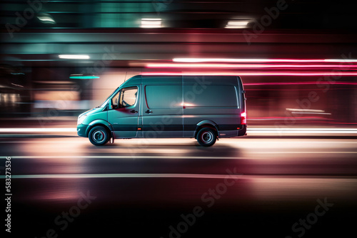 A delivery van with glowing lights and fast motion blur. Generative ai photo