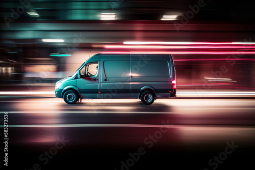 A delivery van with glowing lights and fast motion blur. Generative ai