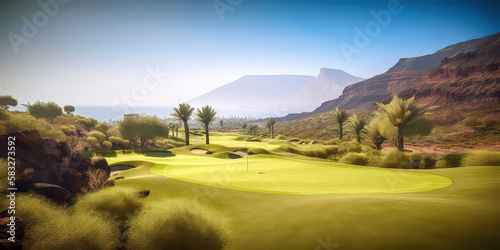 Golfplatz Internationale Golflandschaft Golfkurs im Frühjahr Abstrakte Illustration Wandbild Hintergrund Generative AI Digital Art Hintergrund © Korea Saii