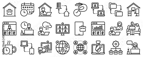 Line icons about remote working on transparent background with editable stroke.