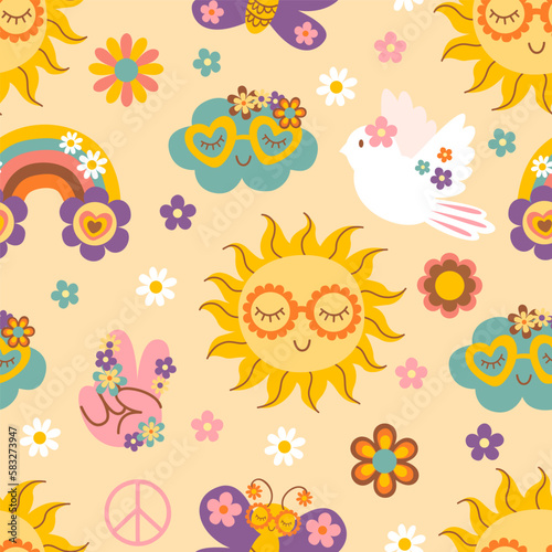 seamless pattern with retro sun, cloud, rainbow