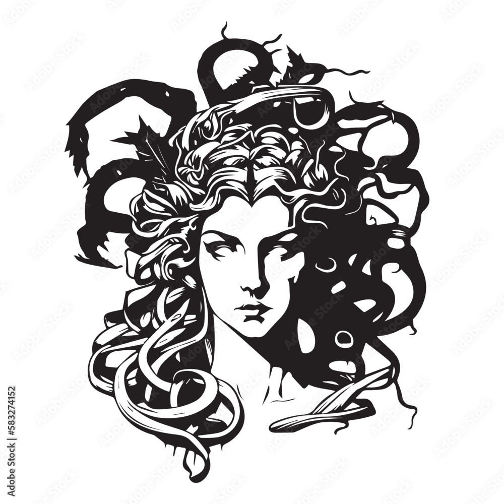 Ancient greek Gorgon Medusa, woman head logo. Vector illustration of ...