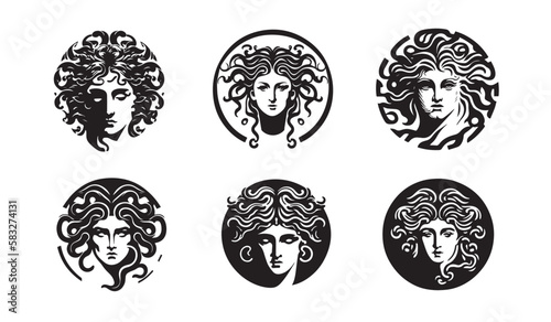 Ancient greek Gorgon Medusa, woman head logo. Vector illustration of female face. Silhouette svg, only black and white. photo