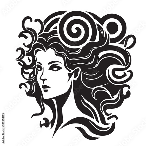 Ancient greek Gorgon Medusa, woman head logo. Vector illustration of female face. Silhouette svg, only black and white.