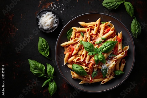 Penne pasta with tomato, sauce, spices, parmesan cheese and basil on dark background. Ai. Top view