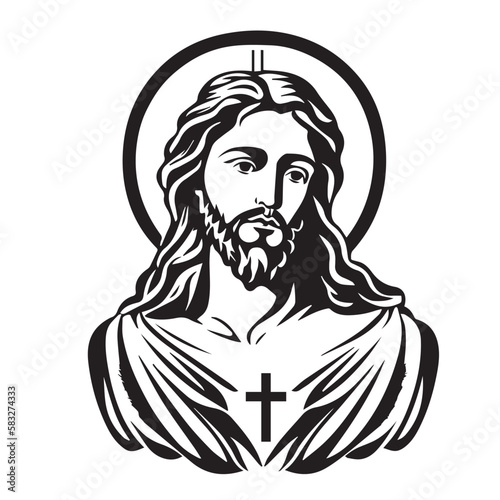 Jesus Christ. Hand drawn vector illustration. Black silhouette svg of Jesus, laser cutting cnc. © Cris