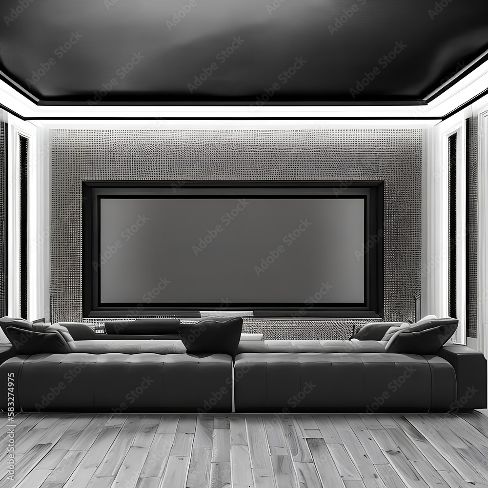 A minimalist home theater with a black and white color scheme1, Generative AI