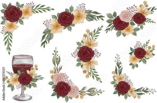 arrangement of red rose watercolor frame for wedding card