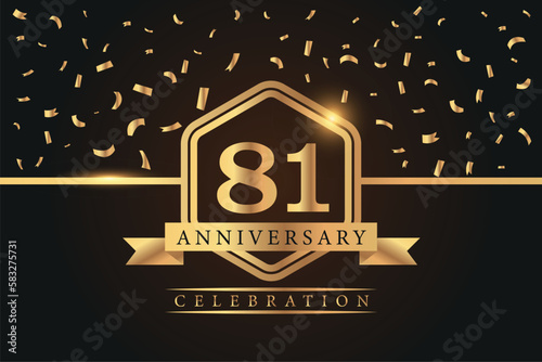 81st years anniversary celebration luxury golden logo design with gold color numbers font in shinny frame with gold abstract design on black background 