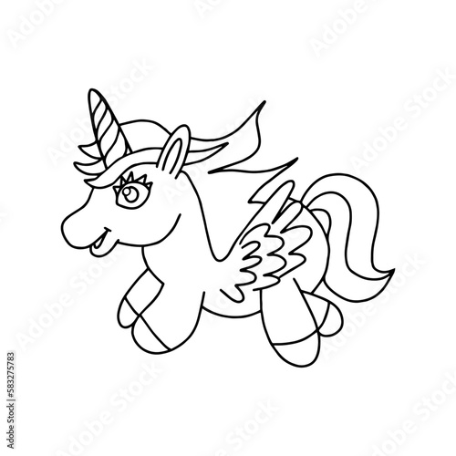 Unicorn.  Black and white vector illustration for coloring book. Birthday card. Cute cartoon unicorn. Fantastic animal. For the design of prints, posters, stickers, tattoos, etc. Vector illustration