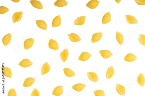 Conchiglioni spaghetti pattern, food background. Scattered raw pasta isolated on tansparent background, PNG. Ingredient for cook, traditonal italian cuisine. Banner, header, backdrop, restaurant menu photo