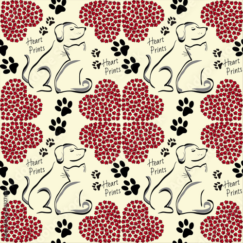 seamless pattern with dogs, cats, pawprints, hearts, and the text "heartprints"