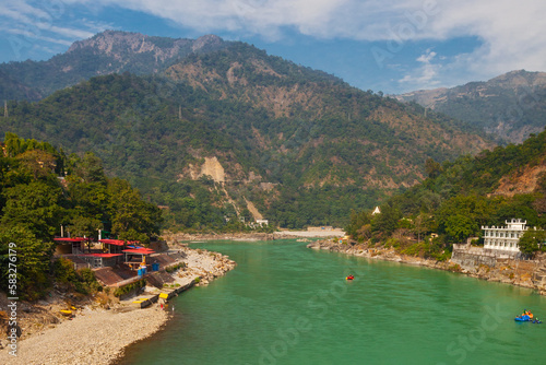 Canvas Print View of Ganga river  and Himalayas mountains from Lakshman Jhula bridge in Rishi