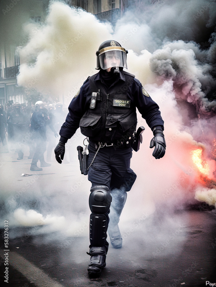 A policeman in the smoke of tear gas during a demonstration in Paris, France - generative ai