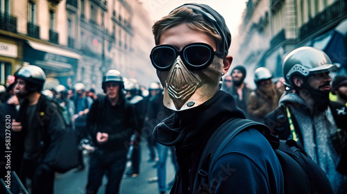 A protester wearing a knight mask and sun glasses during a demonstration in Paris, France - generative AI