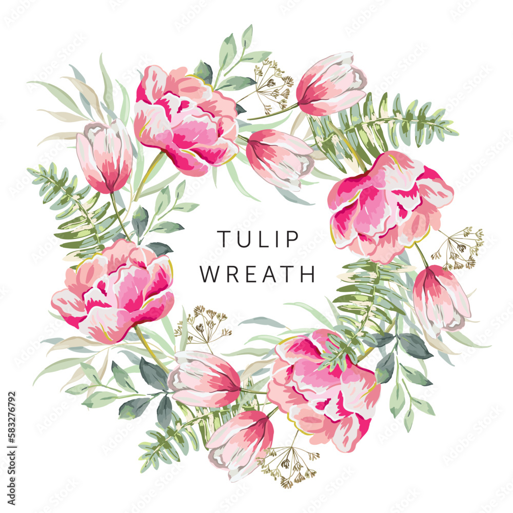 Spring wreath, pink flowers, green leaves, text, white background. Wedding invitation round frame. Tulips, fern, greenery. Vector illustration. Floral arrangement. Design template greeting card