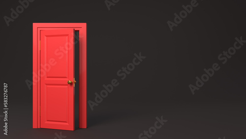 Red half open door frame in the middle of the room on black background. 3D rendered image.