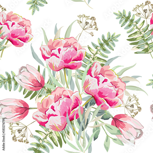 Spring pink flowers and green leaves bouquets  white background. Floral illustration. Tulips  fern  greenery. Vector seamless pattern. Botanical design. Nature plants. Romantic wedding