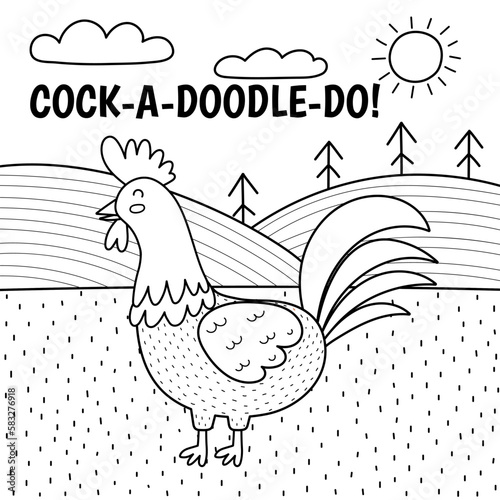 Rooster saying cock-a-doodle-do black and white print. Cute farm character on a green pasture making a sound. Funny coloring page with animal in cartoon style for kids. Vector illustration