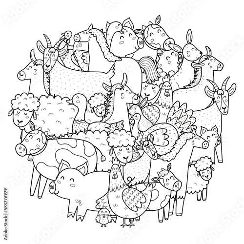 Cute farm animals circle shape coloring page. Doodle mandala with farm characters for coloring book. Outline background. Vector illustration
