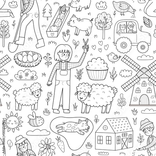 Cute black and white seamless pattern with farm animals and kids farmers. Girl shearing sheep, tractor, pig in mud, windmill. On the farm background for coloring page. Vector illustration