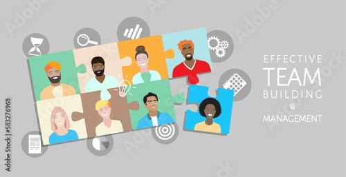 Business HR manager building successful effective team,  solve jigsaw puzzle with employees, personnel productivity skills icons, top view table. Leadership, corporate teamwork Flat vector banner