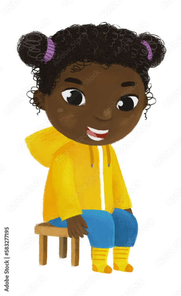 cartoon child kid girl taking off or putting on winter autumn rainy ...