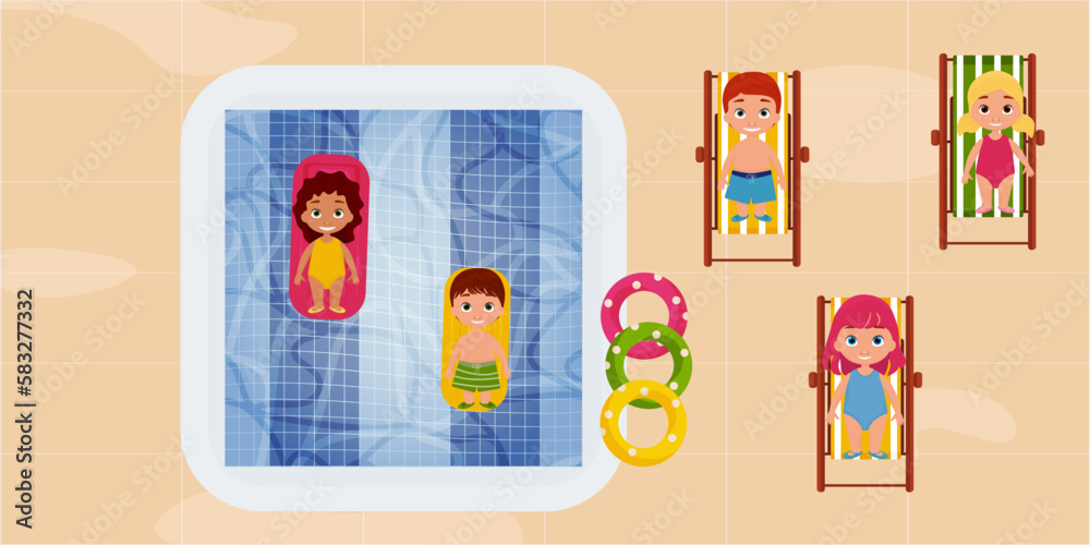 top view of children swimming on air mattresses and circles in the pool. Children swim and sunbathe on a chaise longue. vector illustration